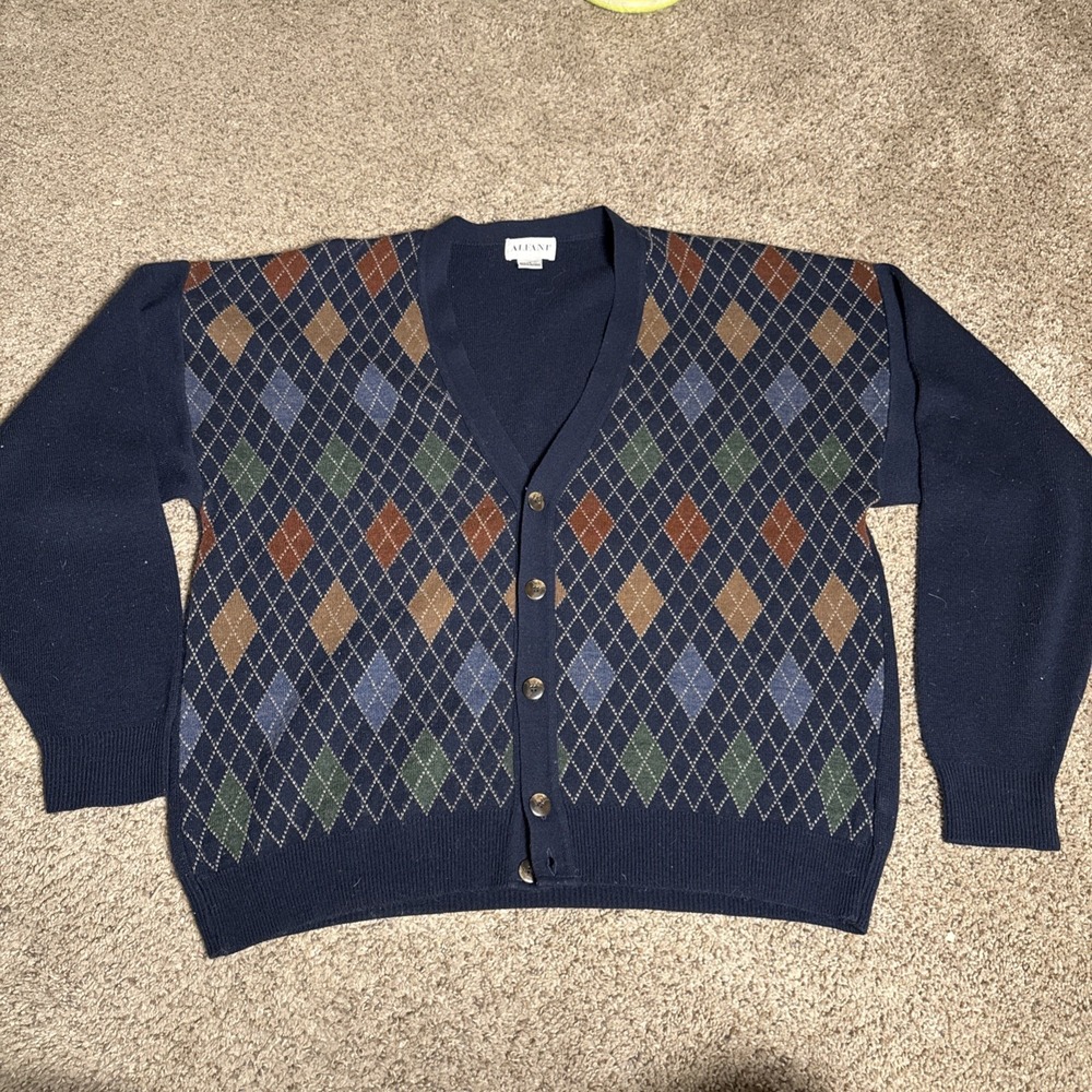 Alfani Mens Cardigan Sweater Mens Large Wool Blend Button Up Grandpa Diamond